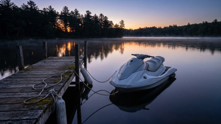 Generic white personal watercraft floating beside a weathered wooden lake dock at dusk, tied with two lines and fenders, mist on the water