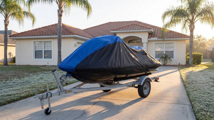 Jet ski on a trailer under a blue and black AllGuard Weatherproof Shield cover on a frosty morning, with palm trees behind