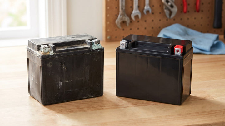 An old battery with a dusty case and corrosion crusted on its terminals beside a clean new black battery on a garage workbench