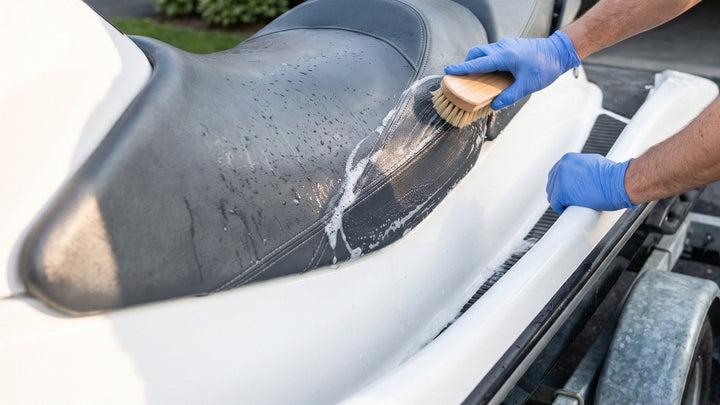 Gloved hands scrubbing soapy suds into a gray vinyl jet ski seat with a soft-bristle brush