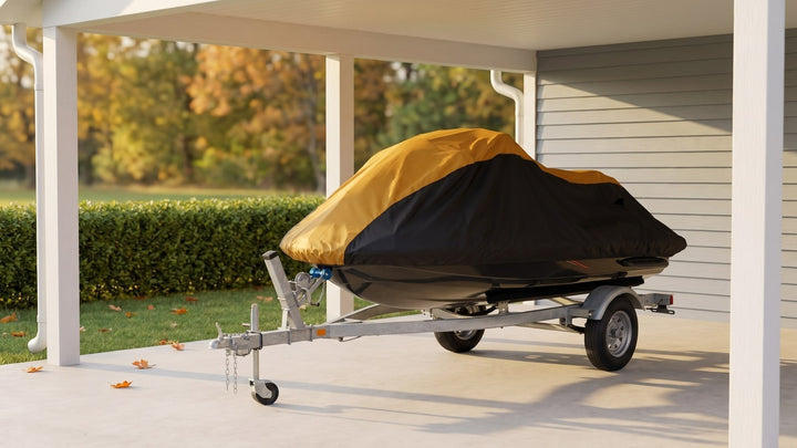 Jet ski on its trailer under a carport beside a house, covered by a yellow and black AllGuard Weatherproof Shield cover