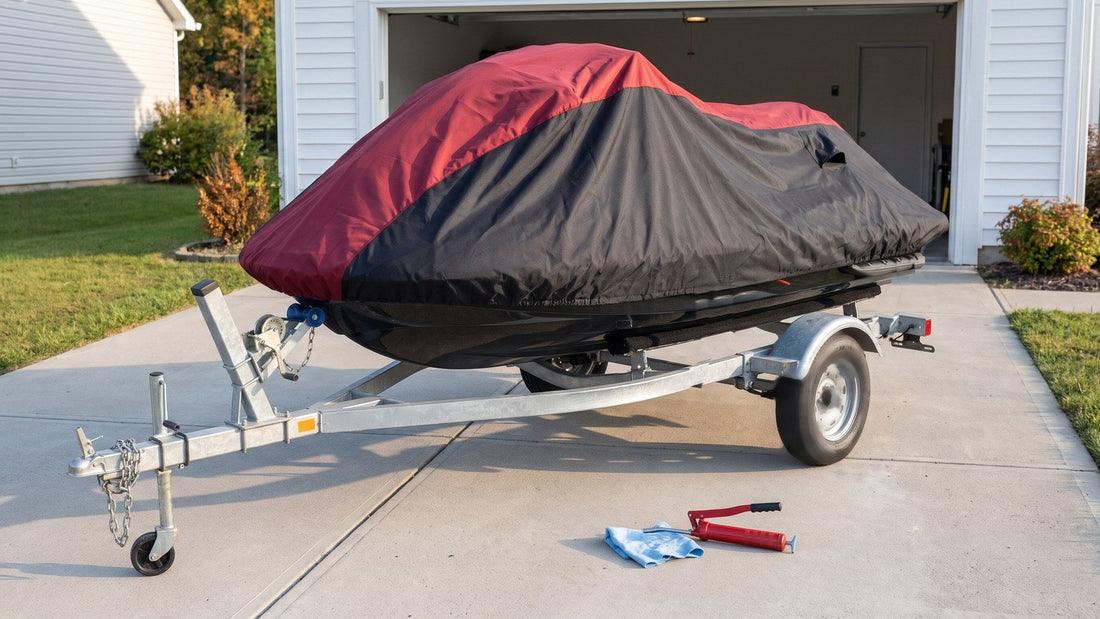 Jet ski on a galvanized trailer in a driveway under a loose red and black AllGuard Weatherproof Shield cover, a grease gun and rag by the wheel