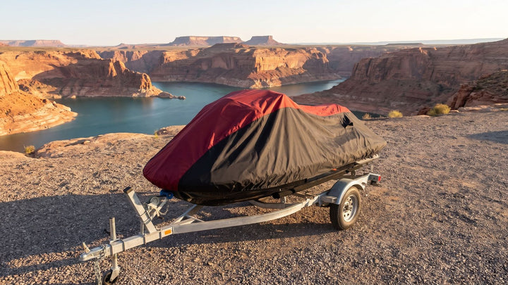 A jet ski under a loose red-and-black cover on a single trailer, parked alone on a gravel lot above a desert canyon reservoir at golden hour