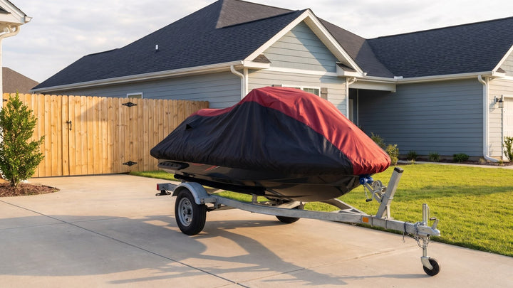 Jet ski on its trailer in a home driveway under a red and black AllGuard Weatherproof Shield cover
