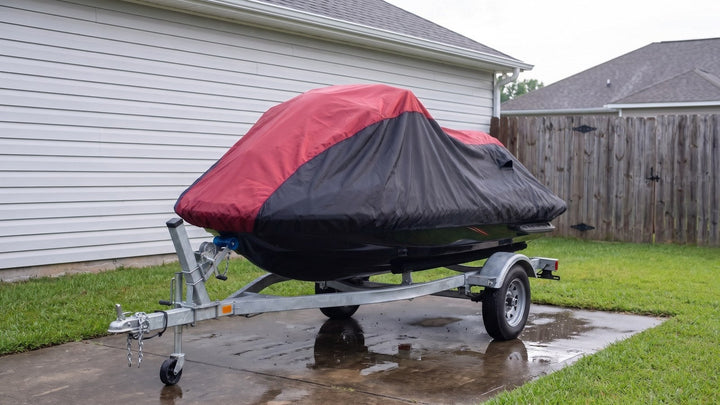 Jet ski on its trailer under a red and black AllGuard Weatherproof Shield cover on a wet driveway after rain