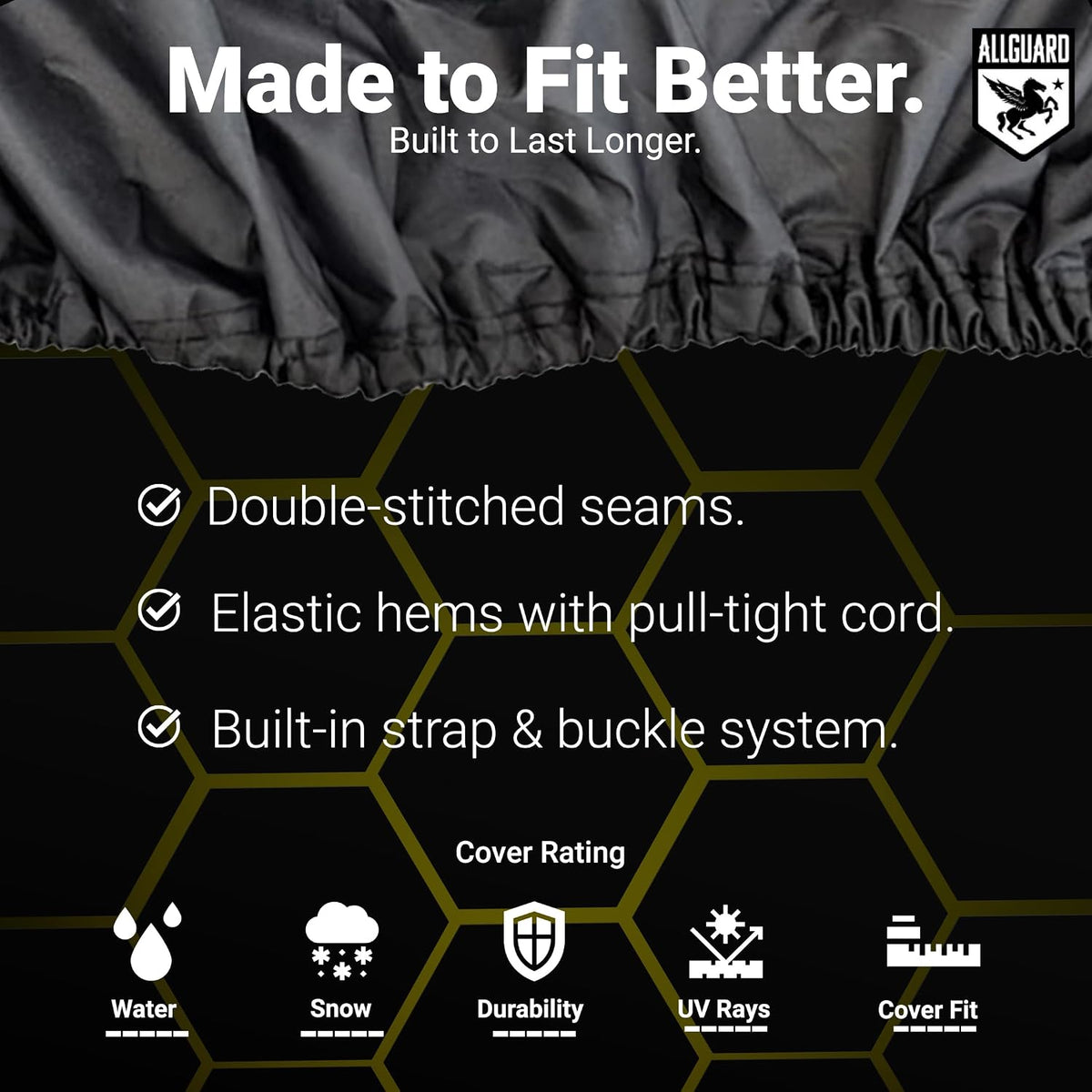 Made to Fit Better: double-stitched seams, elastic hems with a pull-tight cord and a built-in strap and buckle system, with cover ratings for water, snow, durability, UV and fit