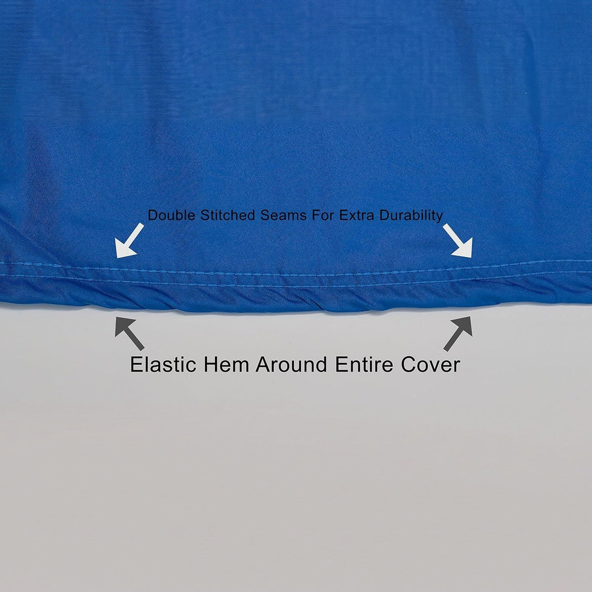 Close-up of a blue cover's double-stitched seam and the elastic hem that runs around the entire cover