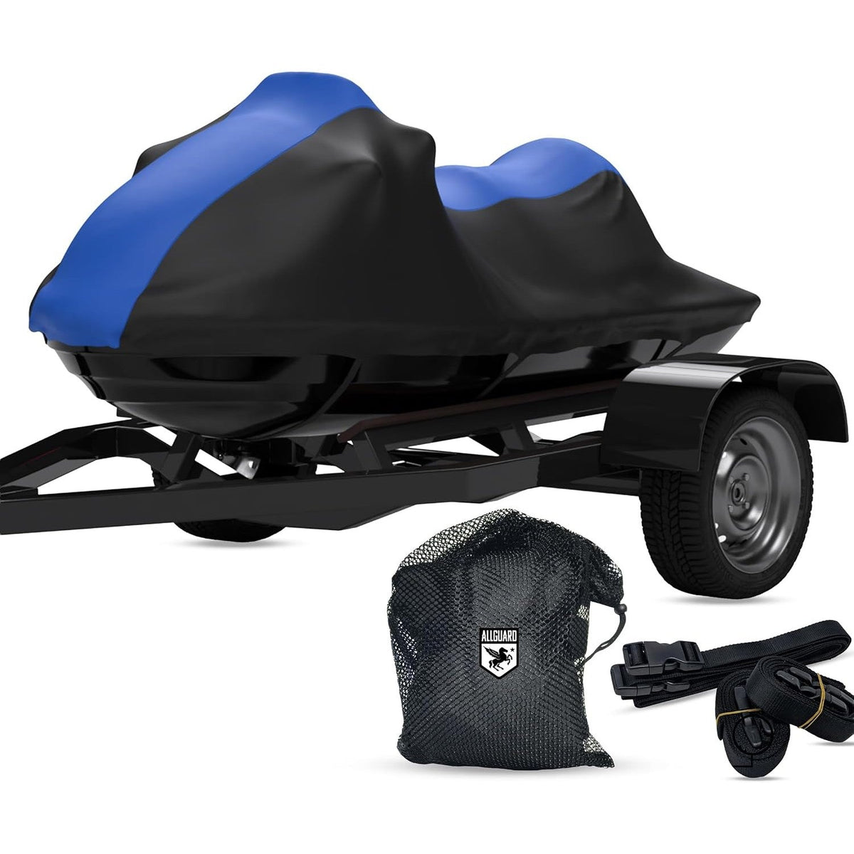Blue and black Weatherproof Shield cover on a jet ski on its trailer, shown with the included mesh storage bag and extra strap set