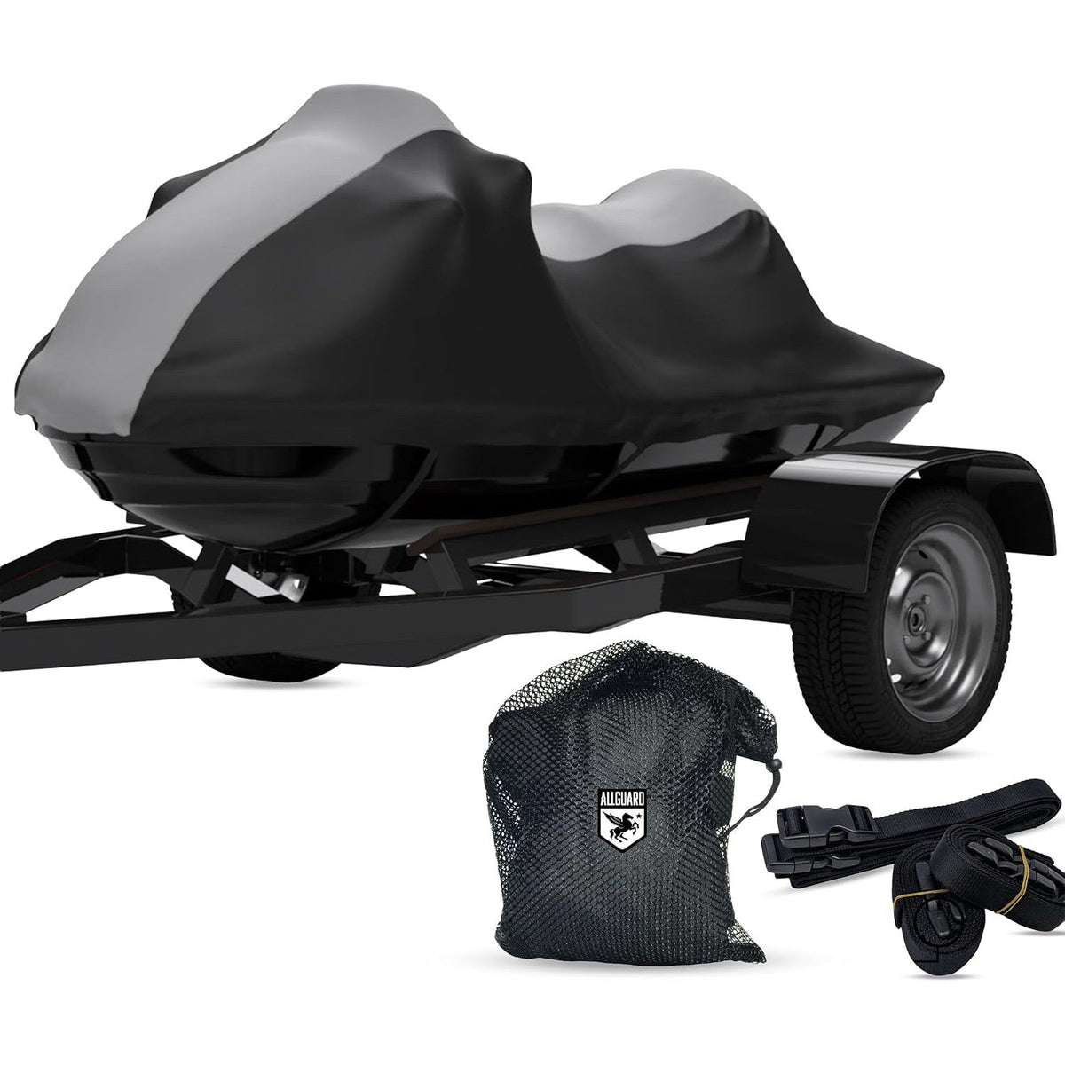 Gray and black Weatherproof Shield cover on a jet ski on its trailer, shown with the included mesh storage bag and extra strap set
