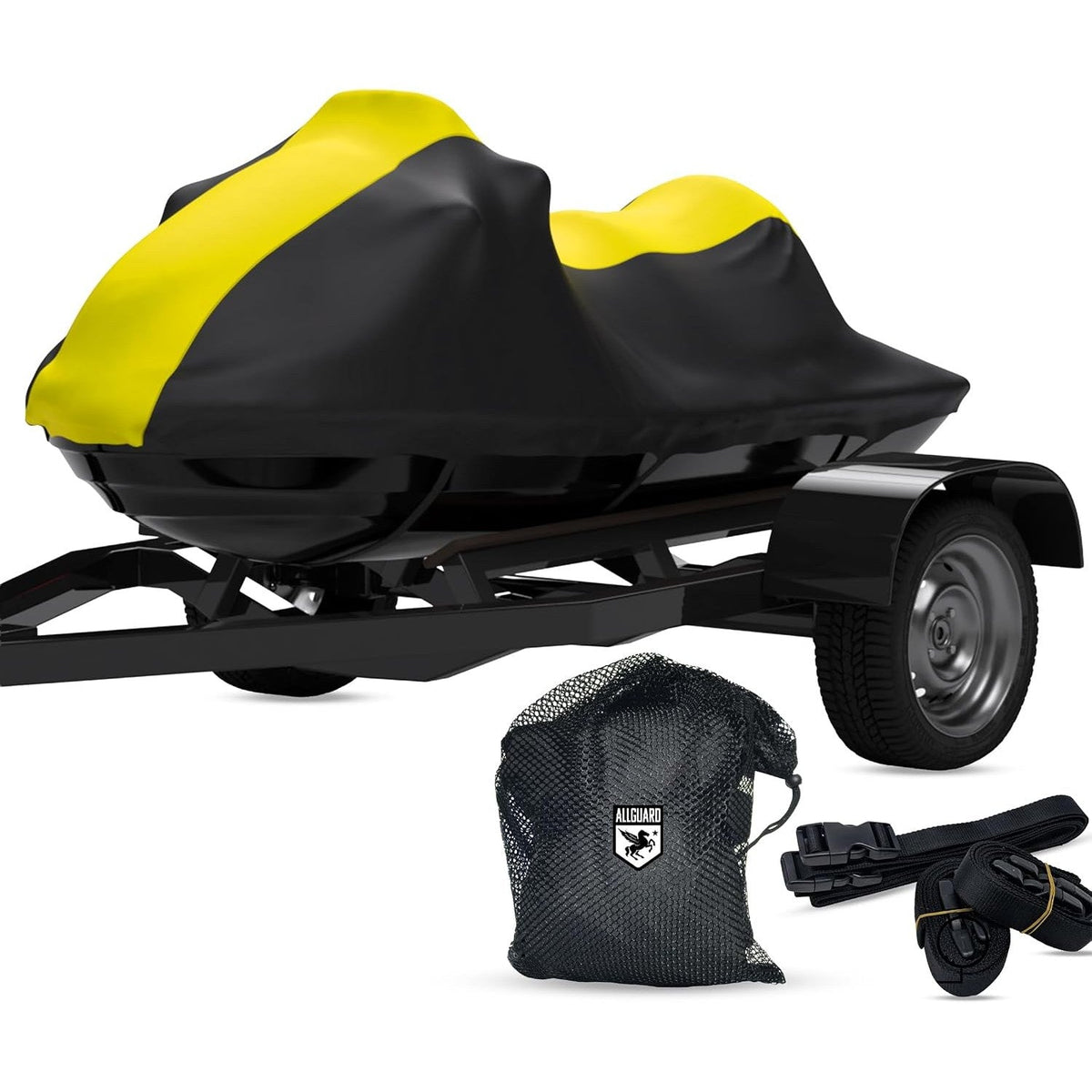 Yellow and black Weatherproof Shield cover on a jet ski on its trailer, shown with the included mesh storage bag and extra strap set