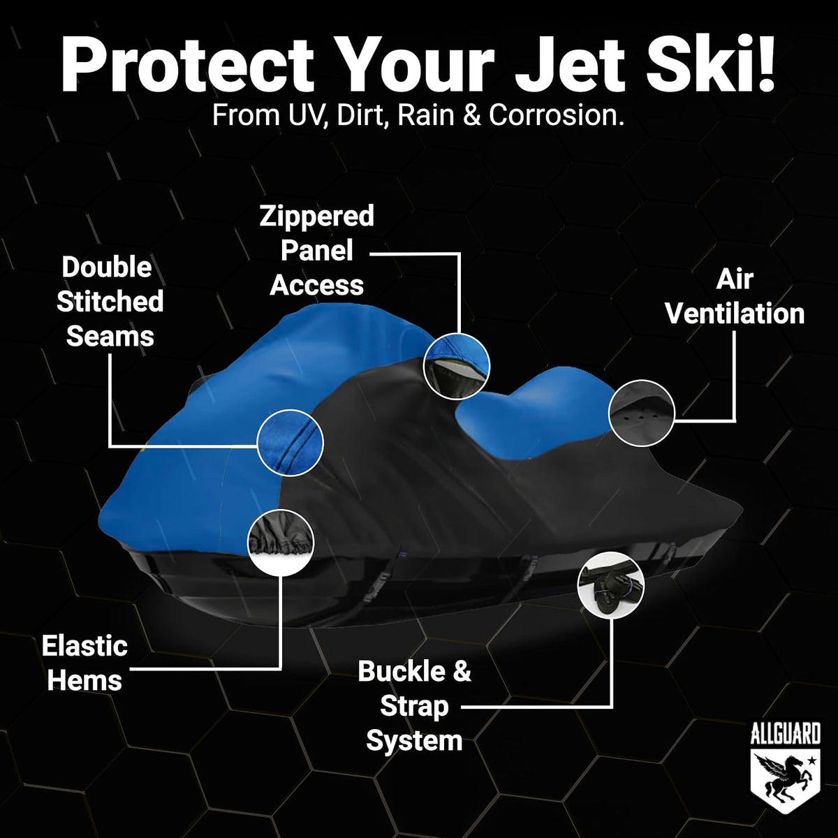 Protect Your Jet Ski: a blue and black cover showing its double-stitched seams, zippered panel access, air ventilation, elastic hems and buckle and strap system