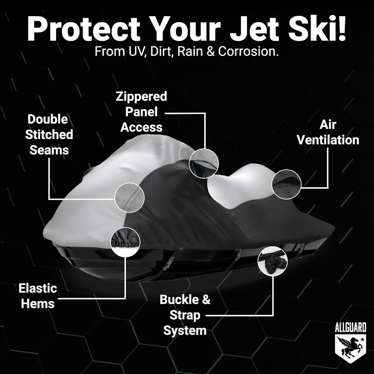 Protect Your Jet Ski: a gray and black cover showing its double-stitched seams, zippered panel access, air ventilation, elastic hems and buckle and strap system