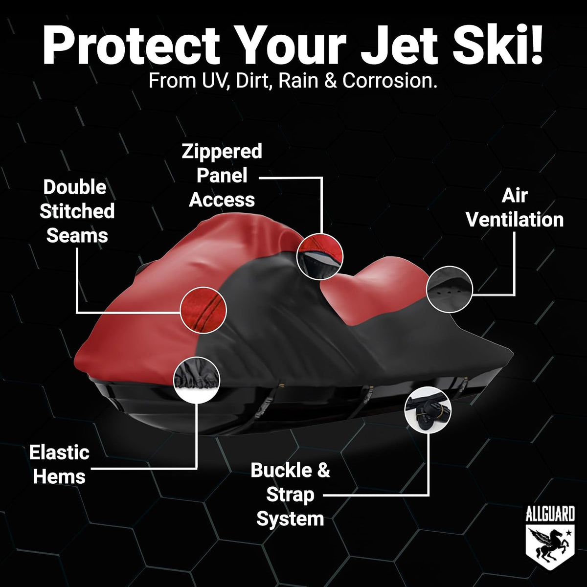 Protect Your Jet Ski: a red and black cover showing its double-stitched seams, zippered panel access, air ventilation, elastic hems and buckle and strap system