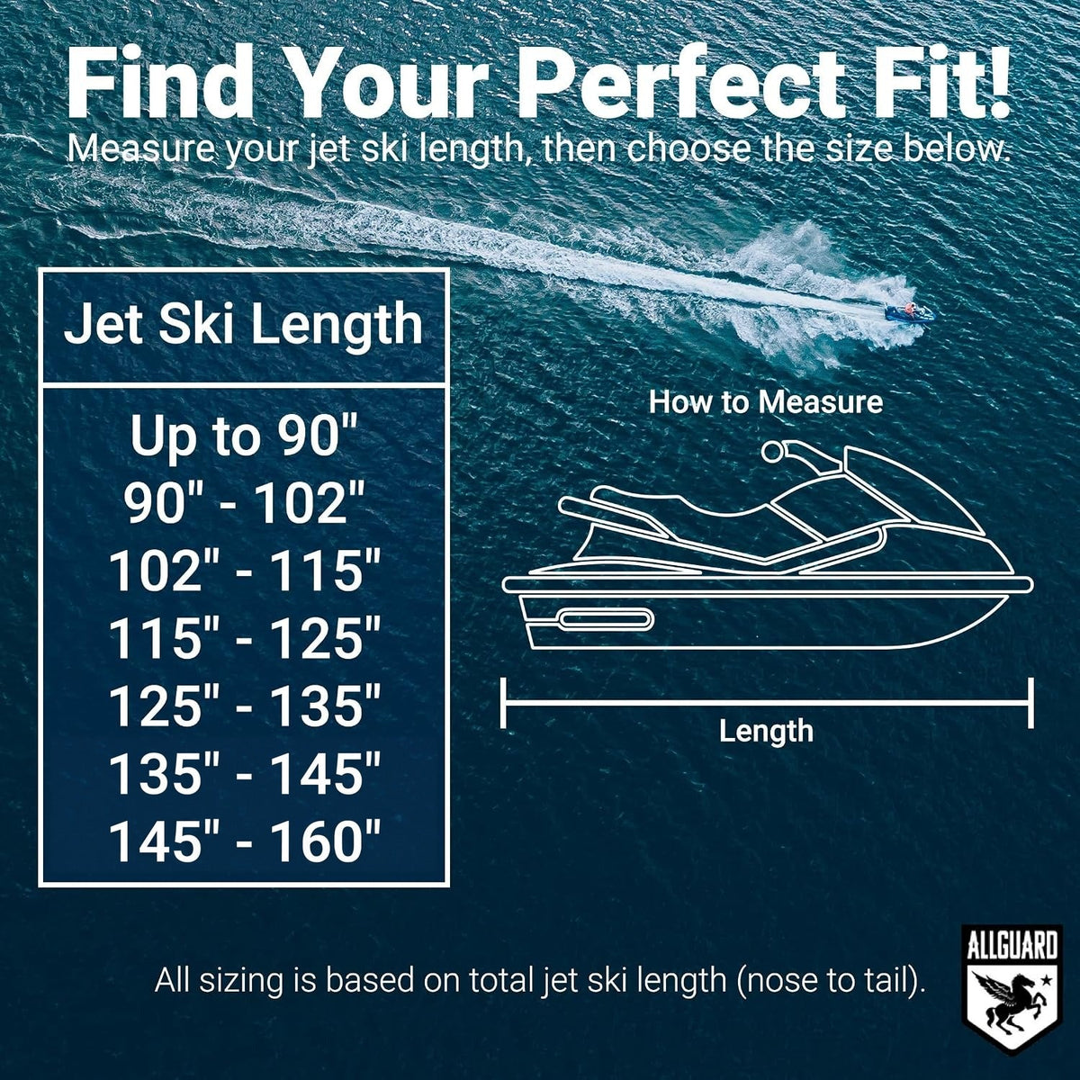 Find your perfect fit: measure your jet ski's overall length, nose to tail, then choose the size: up to 90, 90 to 102, 102 to 115, 115 to 125, 125 to 135, 135 to 145 or 145 to 160 inches