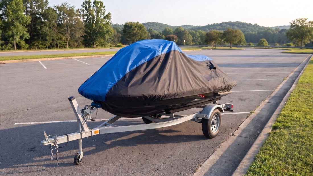 Jet ski on its trailer at an empty roadside rest area, under a blue and black AllGuard Weatherproof Shield cover