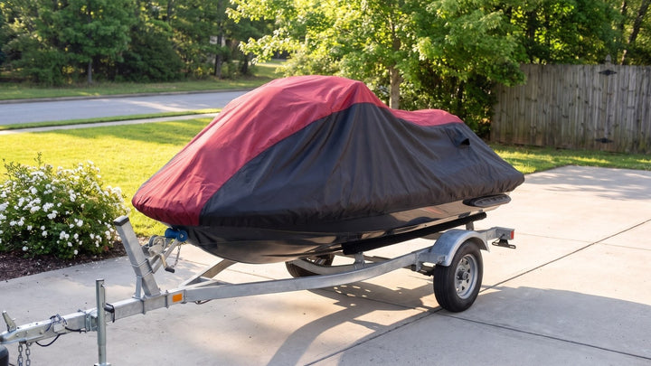 Jet ski on its trailer in a sunny spring driveway under a red and black AllGuard Weatherproof Shield cover