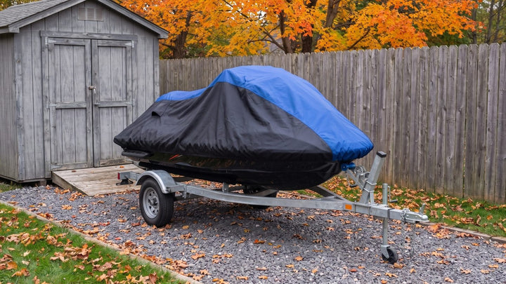 Jet ski on its trailer beside a garden shed in autumn, under a blue and black AllGuard Weatherproof Shield cover