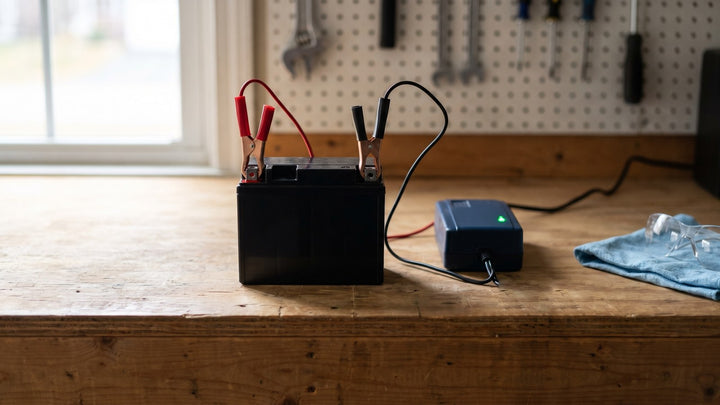 Small black battery on a garage workbench, red and black clamps on its posts, wired to a blue maintainer with a green light