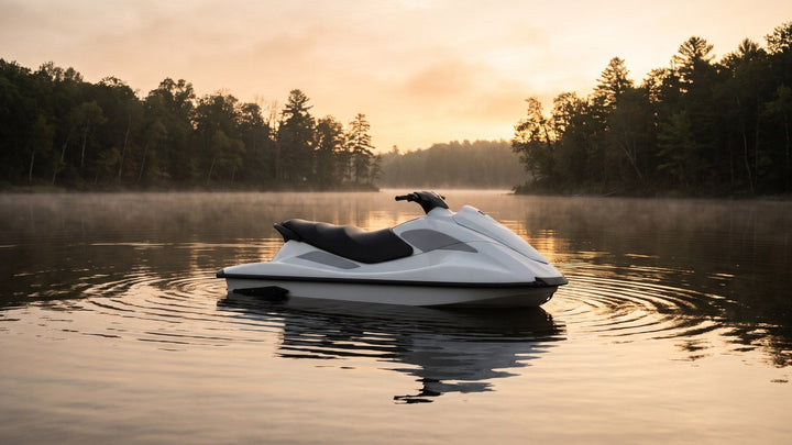 A generic white sit-down jet ski drifting alone on a calm lake near a wooded shoreline in soft morning light