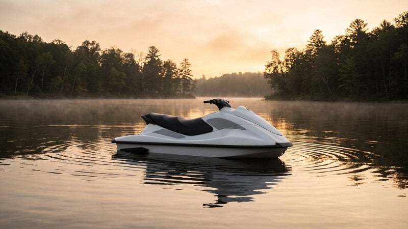A generic white sit-down jet ski drifting alone on a calm lake near a wooded shoreline in soft morning light
