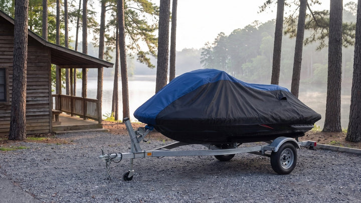 Jet ski on a galvanized single trailer outside a lakeside cabin among pines, under a blue and black AllGuard Weatherproof Shield cover