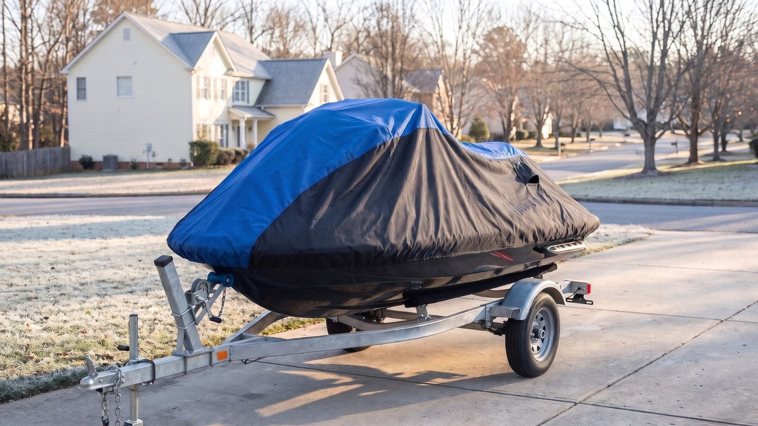 Jet ski on a trailer in a frosty driveway under a blue and black AllGuard Weatherproof Shield cover