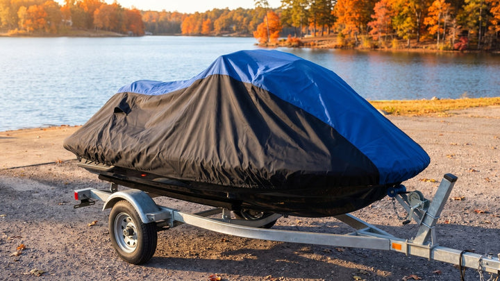 Jet ski on a single galvanized trailer beside a lake in autumn, under a loose blue and black AllGuard Weatherproof Shield cover