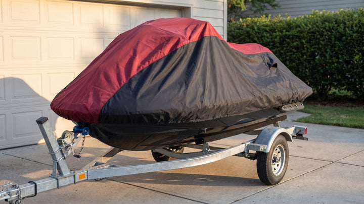 A red and black two-tone cover draped loosely over a jet ski on a trailer in a driveway in low evening sun