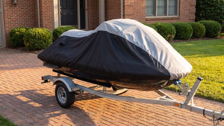 Sit-down jet ski on a trailer in a driveway under a gray and black Weatherproof Shield cover