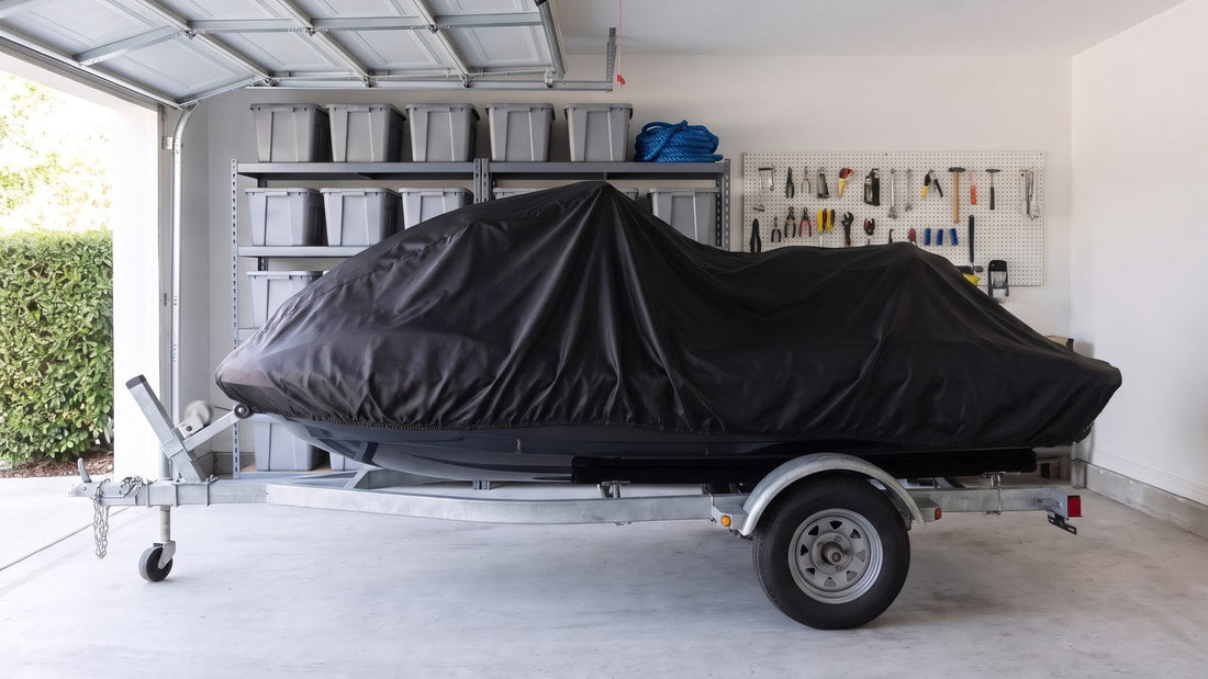 Jet ski on its trailer in a tidy home garage under a black AllGuard Satin Shield indoor cover, the garage door raised