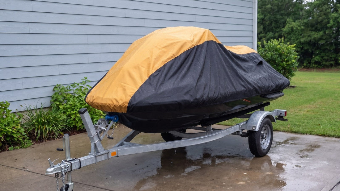 Jet ski on its trailer beside a house after a rain shower, under a yellow and black AllGuard Weatherproof Shield cover beaded with raindrops