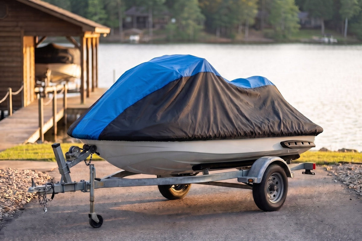 Yamaha FX on its trailer under a blue and black AllGuard Weatherproof Shield cover