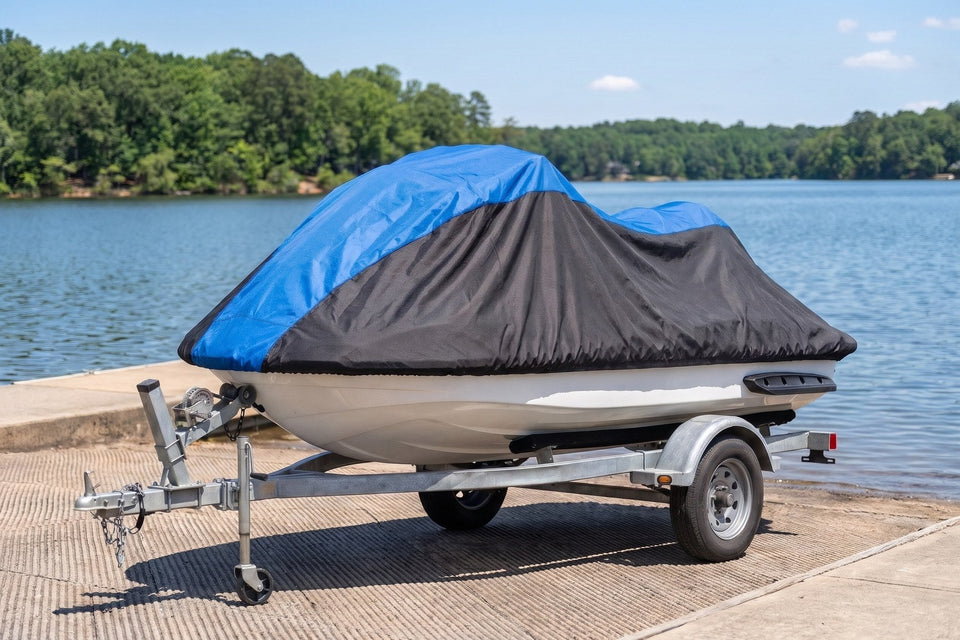 Yamaha FX on its trailer under a blue and black Weatherproof Shield cover, at the top of a concrete boat ramp on a sunny lake