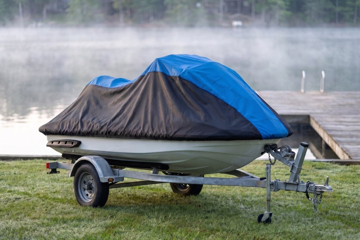 Yamaha FX on its trailer under a blue and black Weatherproof Shield cover, on a dewy lakeside lawn by a dock on a misty morning