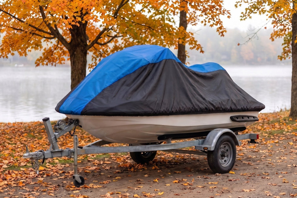 Yamaha FX on its trailer under a blue and black Weatherproof Shield cover, under orange autumn maples by a lake