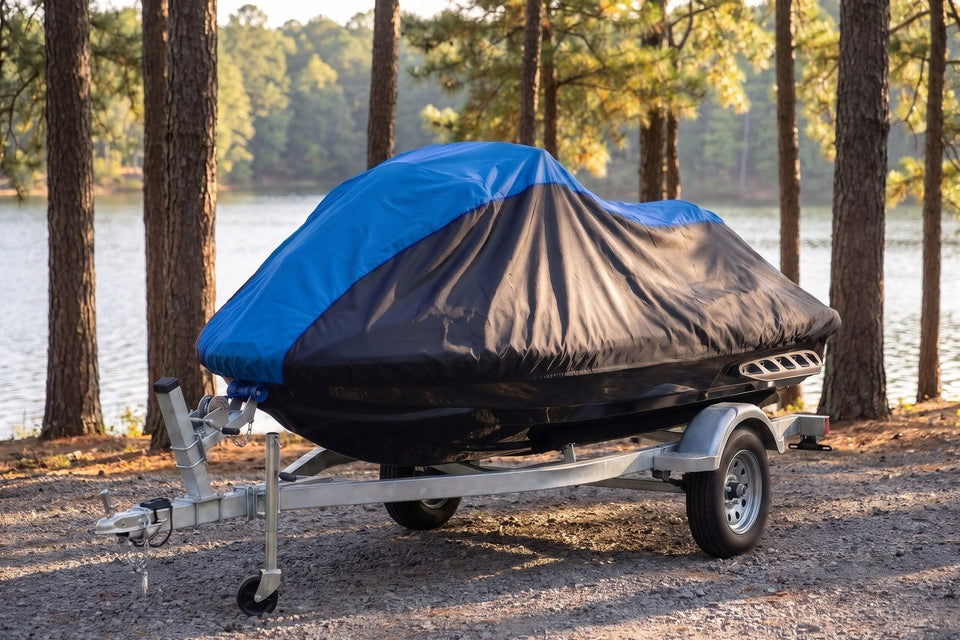 Sea-Doo GTI on its trailer under a blue and black Weatherproof Shield cover, on a gravel lakeshore among pine trees