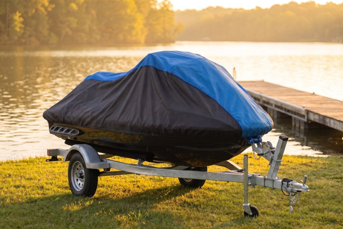 Sea-Doo GTI on its trailer under a blue and black Weatherproof Shield cover, on a lakeside lawn by a wooden dock at sunset