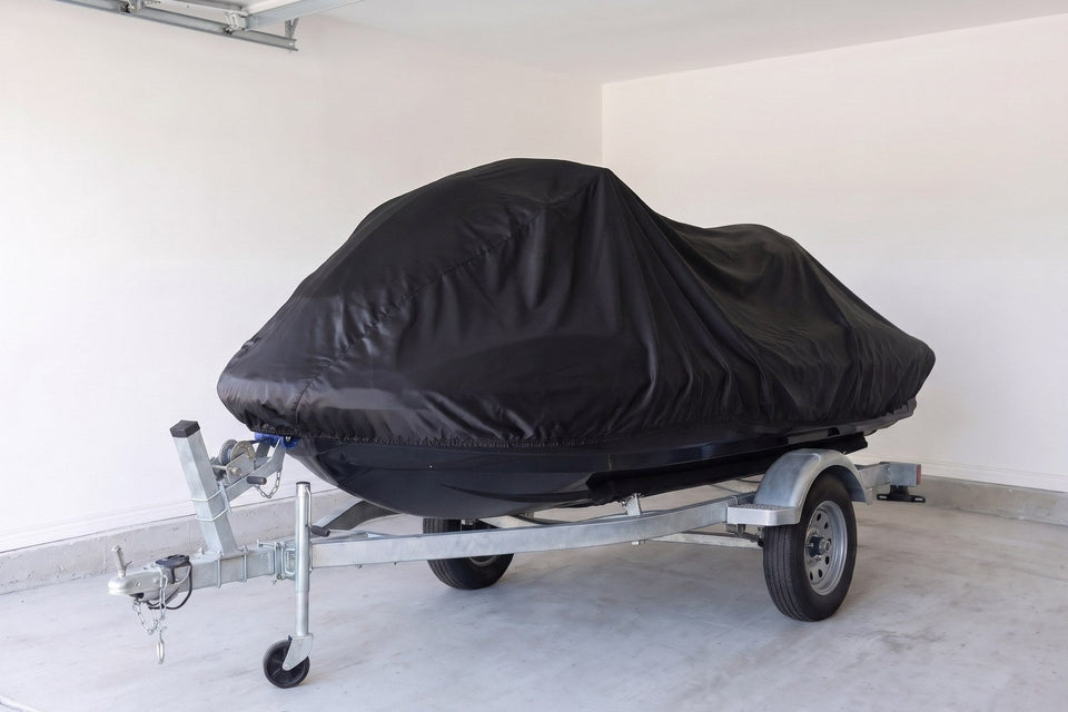 Sea-Doo GTI on its trailer under a black Satin Shield indoor cover, parked in a white-walled garage