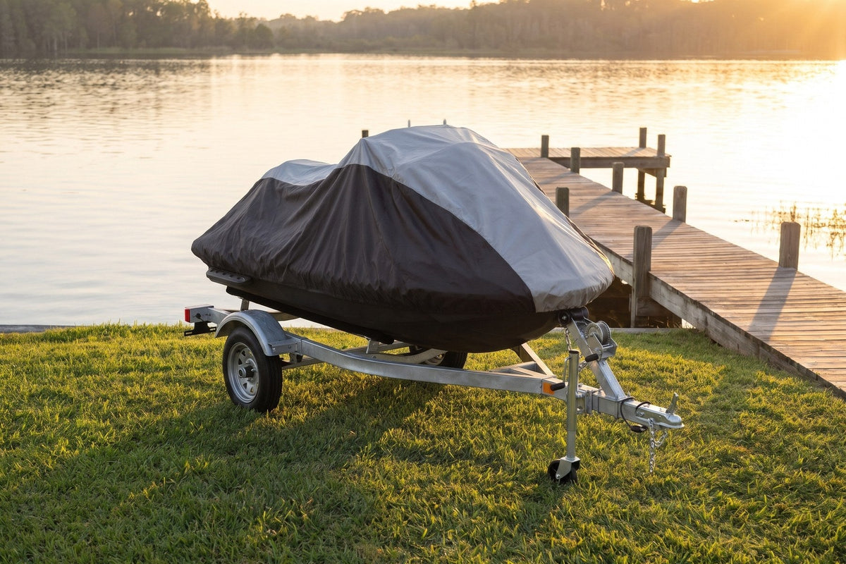 Sea-Doo Spark on its trailer under a gray and black Weatherproof Shield cover, on a lakeside lawn by a wooden dock at sunset