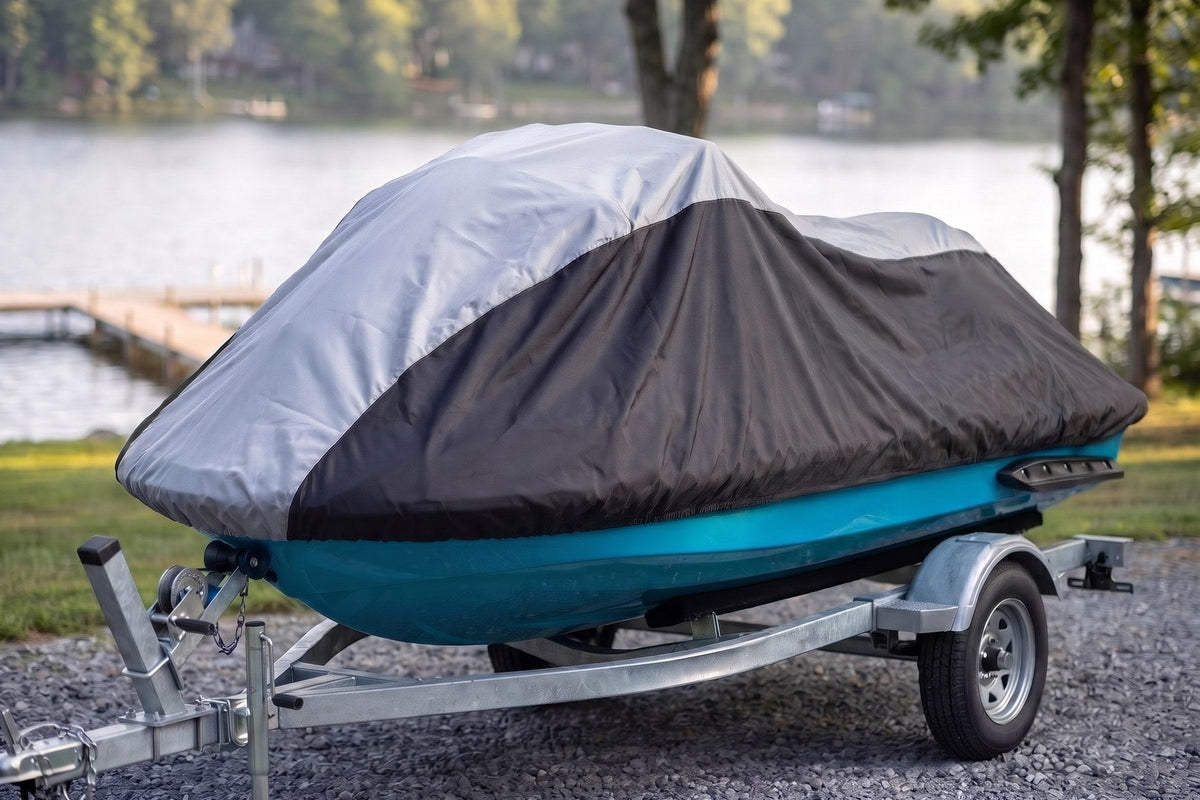 Yamaha VX on its trailer under a gray and black AllGuard Weatherproof Shield cover