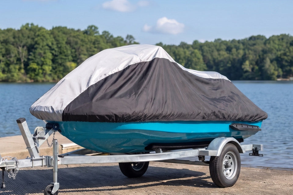 Yamaha VX on its trailer under a gray and black Weatherproof Shield cover, at the top of a concrete boat ramp on a sunny lake