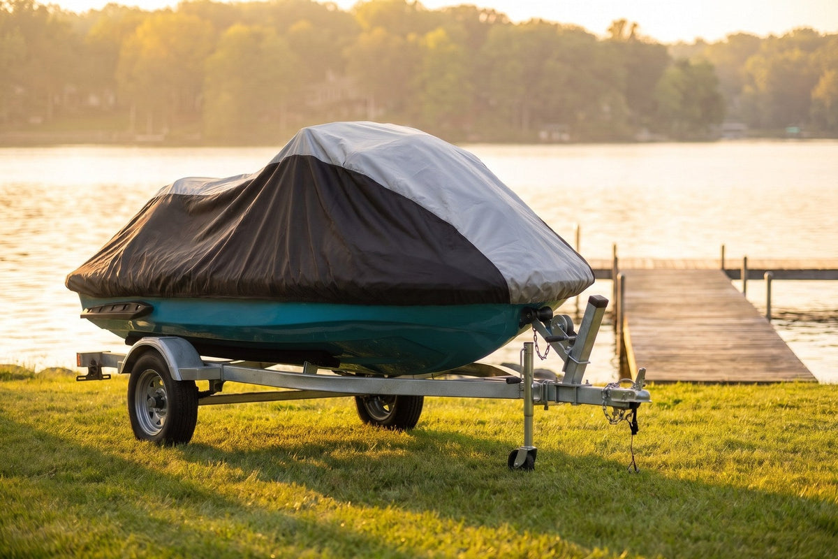 Yamaha VX on its trailer under a gray and black Weatherproof Shield cover, on a lakeside lawn by a wooden dock at sunset