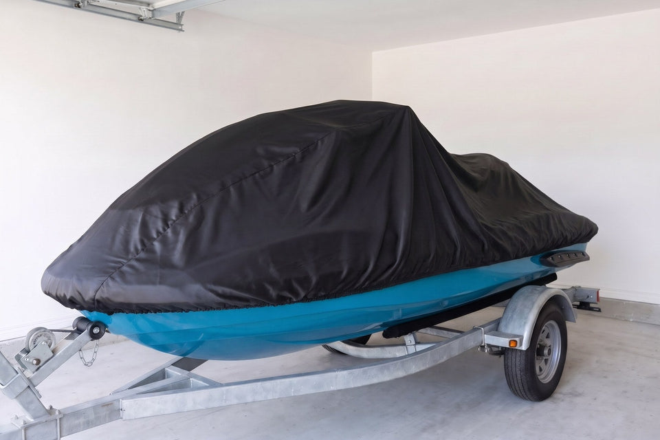 Yamaha VX on its trailer under a black Satin Shield indoor cover, parked in a white-walled garage