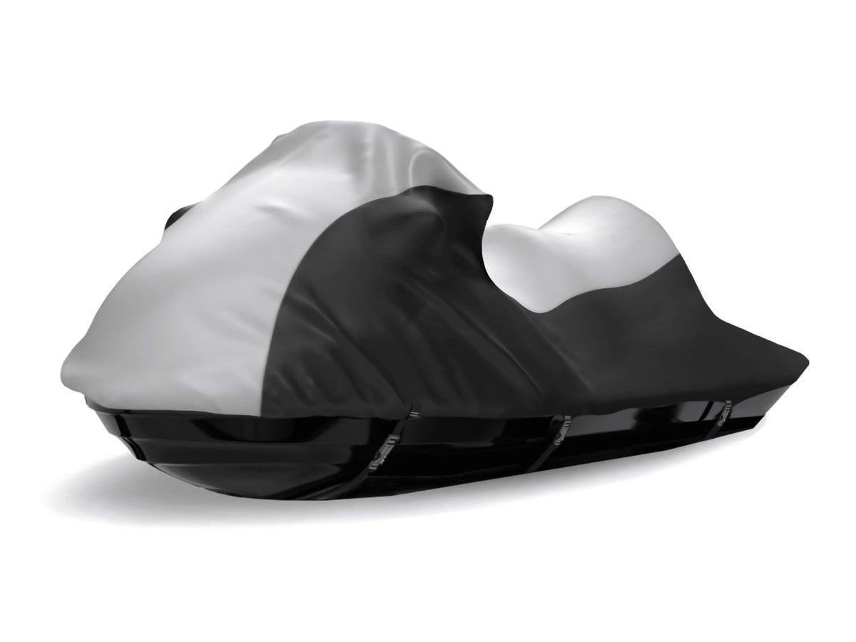 AllGuard Weatherproof Shield jet ski cover in Gray / Black, fitted over a personal watercraft