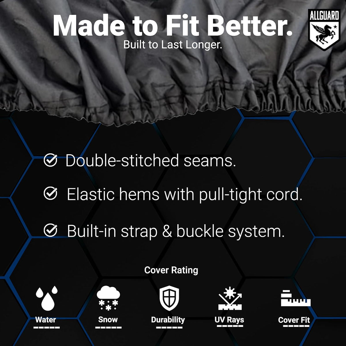 Made to Fit Better: double-stitched seams, elastic hems with a pull-tight cord and a built-in strap and buckle system, with cover ratings for water, snow, durability, UV and fit