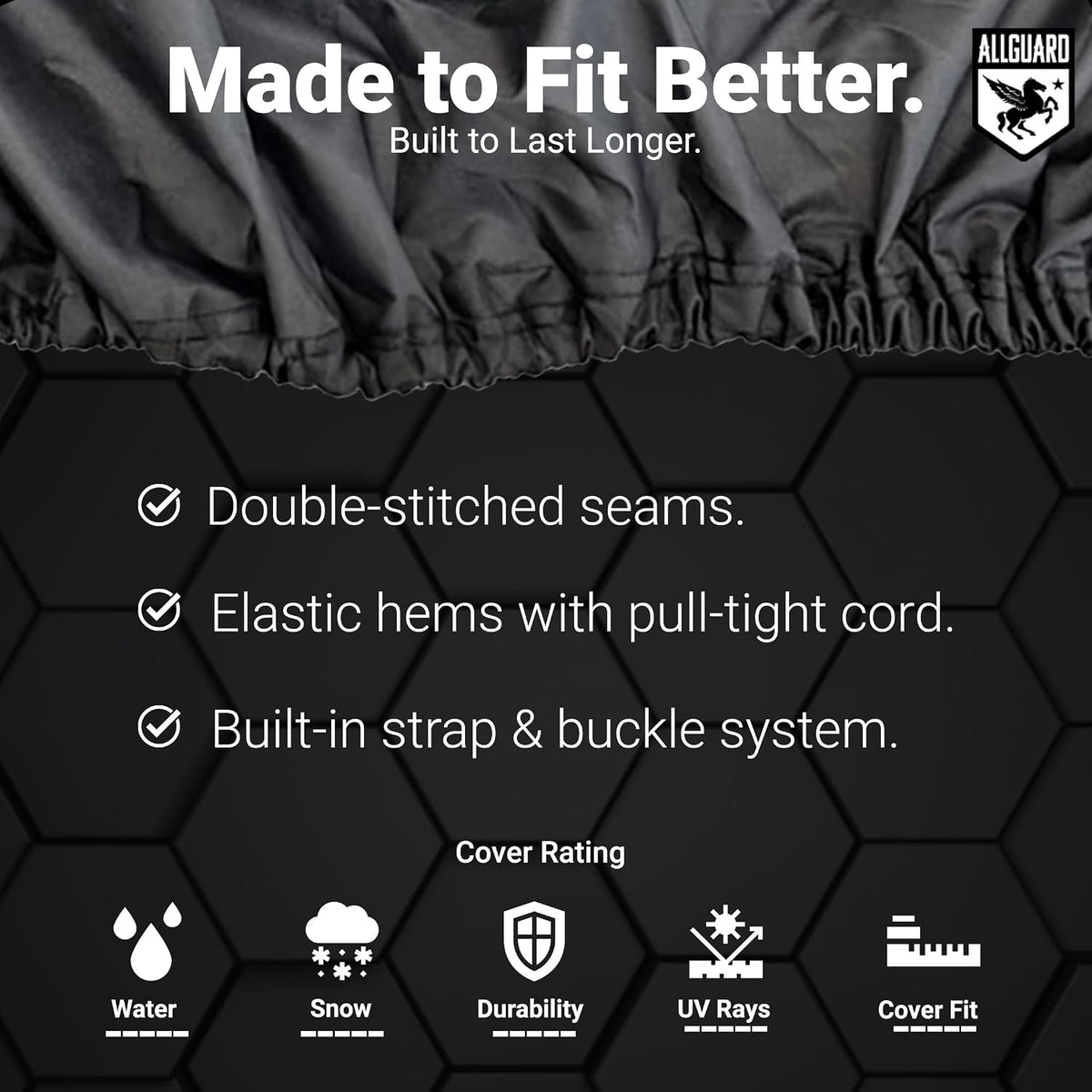 Made to Fit Better: double-stitched seams, elastic hems with a pull-tight cord and a built-in strap and buckle system, with cover ratings for water, snow, durability, UV and fit