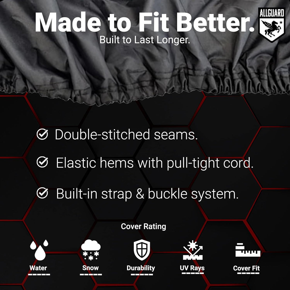 Made to Fit Better: double-stitched seams, elastic hems with a pull-tight cord and a built-in strap and buckle system, with cover ratings for water, snow, durability, UV and fit