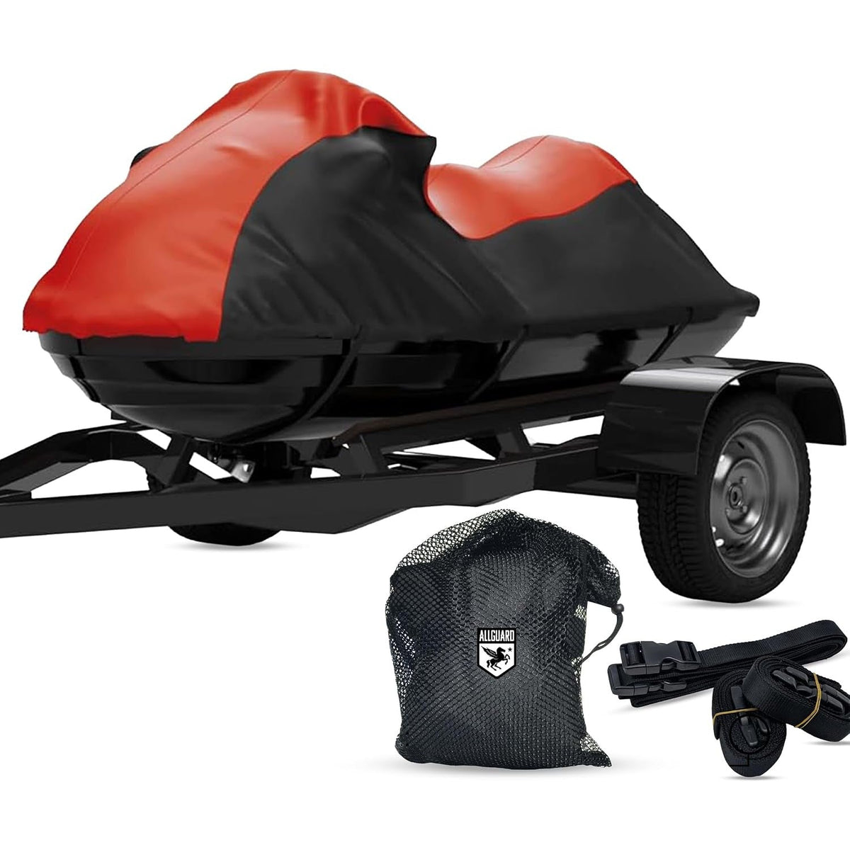 Red and black Weatherproof Shield cover on a jet ski on its trailer, shown with the included mesh storage bag and extra strap set