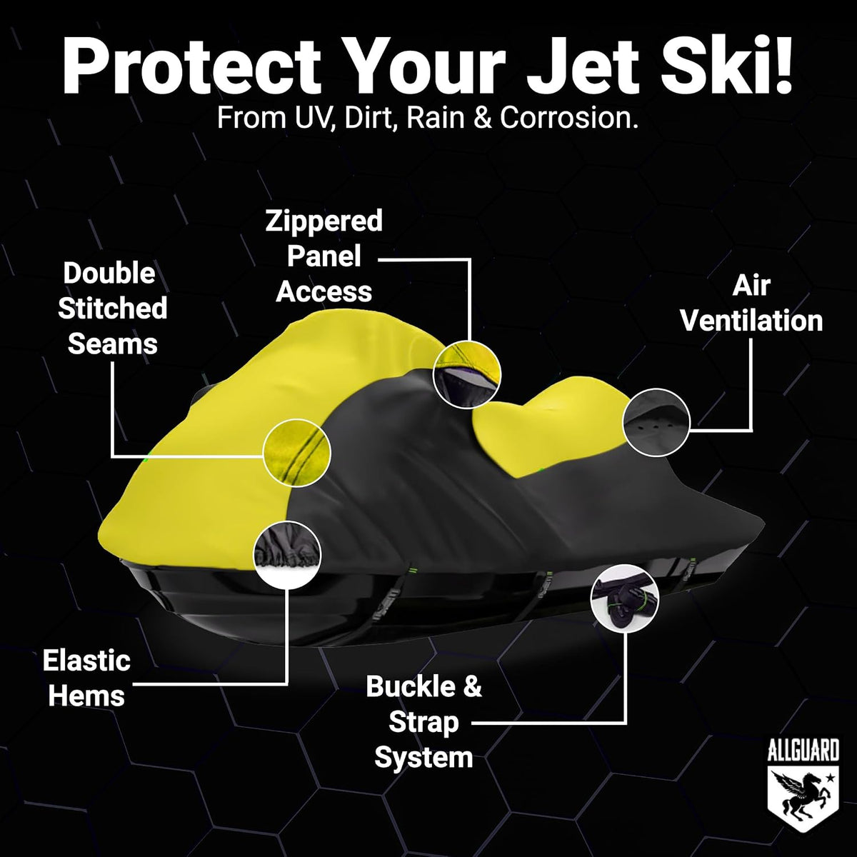 Protect Your Jet Ski: a yellow and black cover showing its double-stitched seams, zippered panel access, air ventilation, elastic hems and buckle and strap system