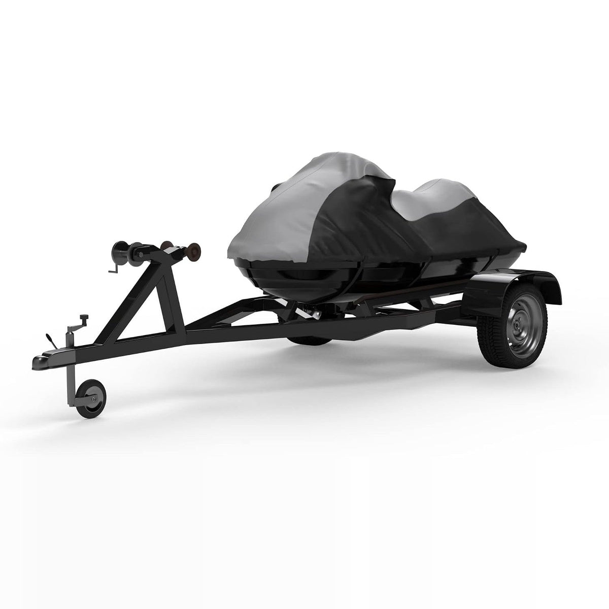 Gray and black Weatherproof Shield cover on a jet ski sitting on its trailer